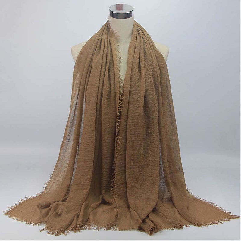 XRDSS Summer Cotton Blend Crinkle Vintage Soft Scarf with Fringed Edges 35" Ã— 70" (Brown) - Image 2